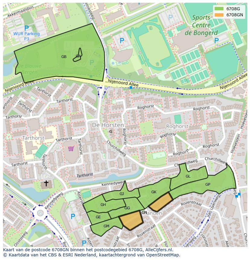 Afbeelding van het postcodegebied 6708 GN op de kaart.