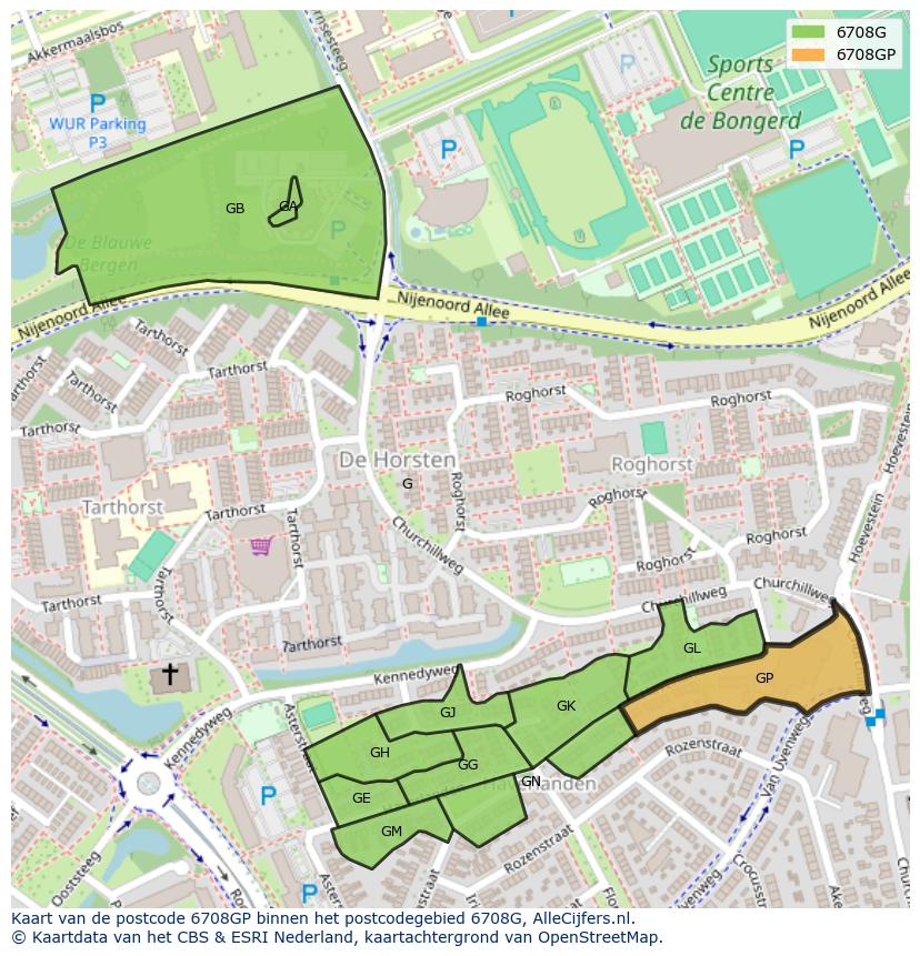 Afbeelding van het postcodegebied 6708 GP op de kaart.