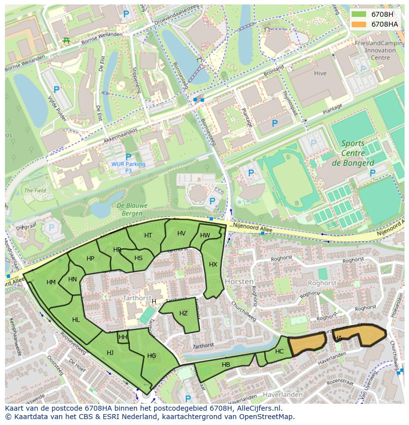 Afbeelding van het postcodegebied 6708 HA op de kaart.