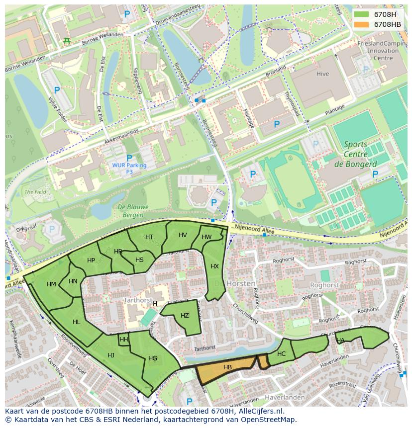Afbeelding van het postcodegebied 6708 HB op de kaart.