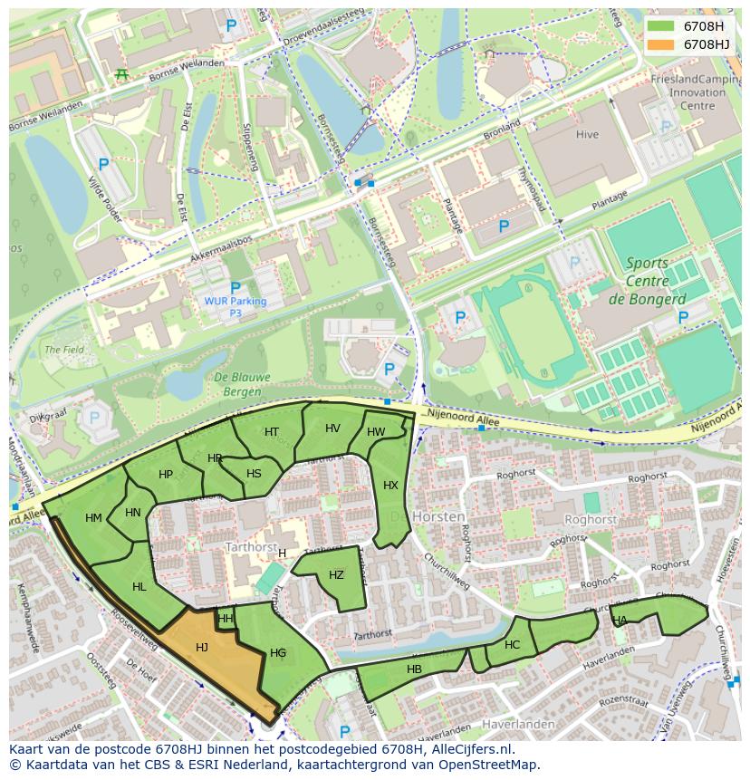 Afbeelding van het postcodegebied 6708 HJ op de kaart.