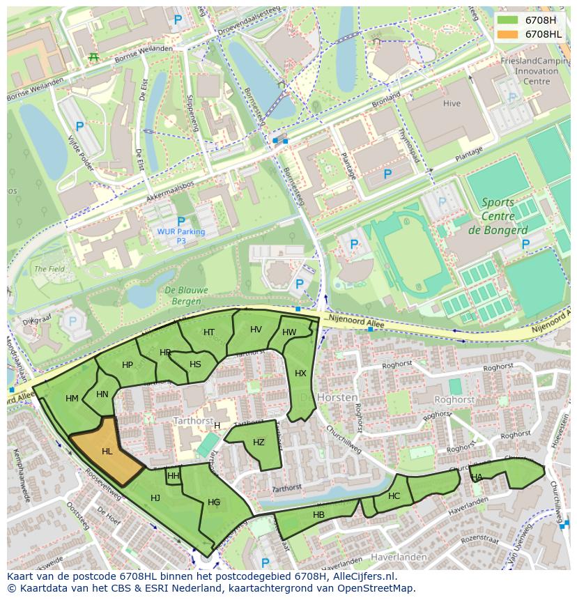 Afbeelding van het postcodegebied 6708 HL op de kaart.