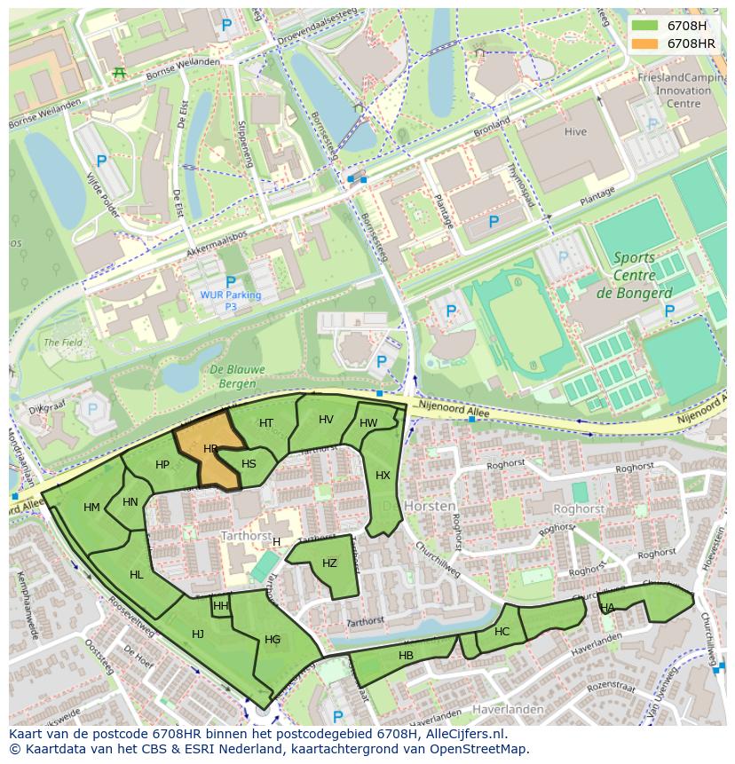 Afbeelding van het postcodegebied 6708 HR op de kaart.