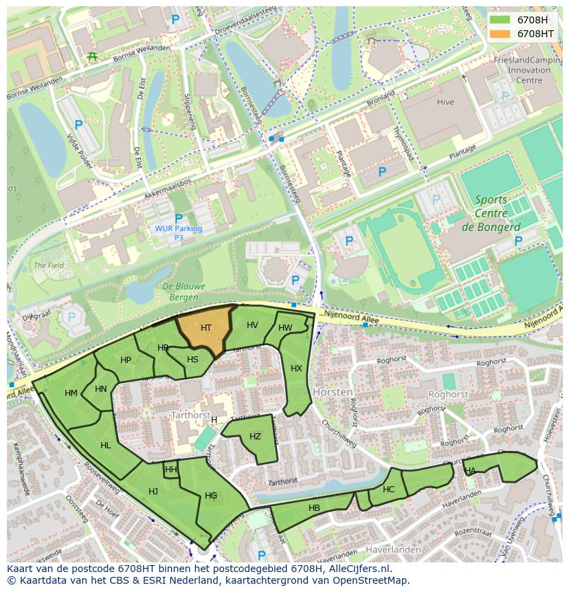 Afbeelding van het postcodegebied 6708 HT op de kaart.