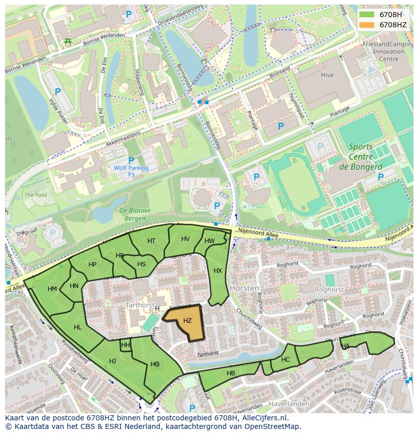 Afbeelding van het postcodegebied 6708 HZ op de kaart.