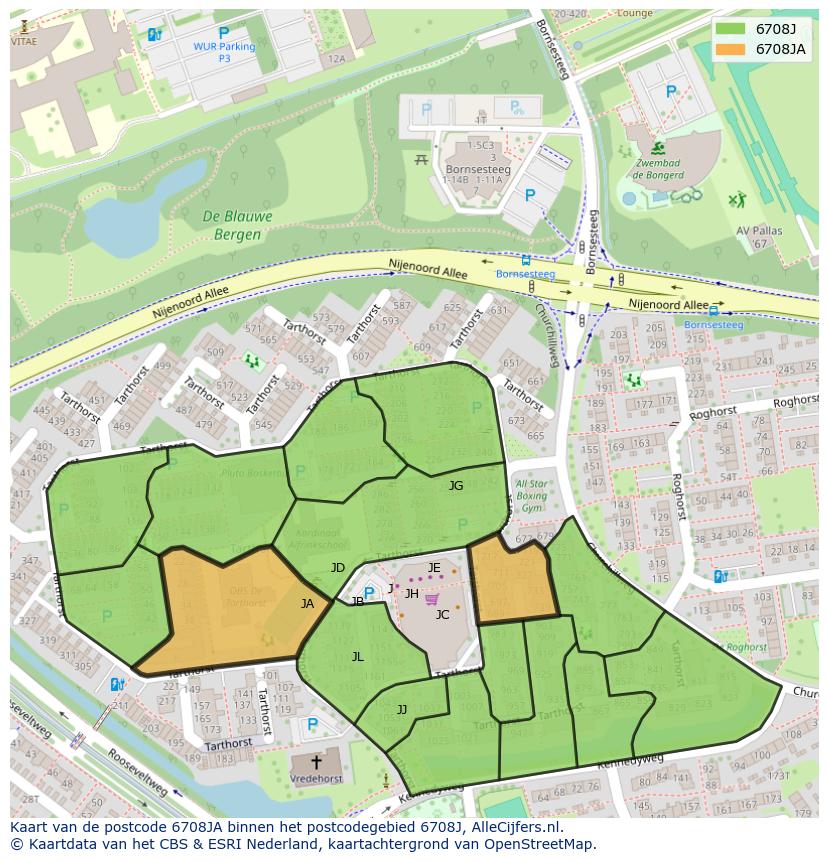 Afbeelding van het postcodegebied 6708 JA op de kaart.