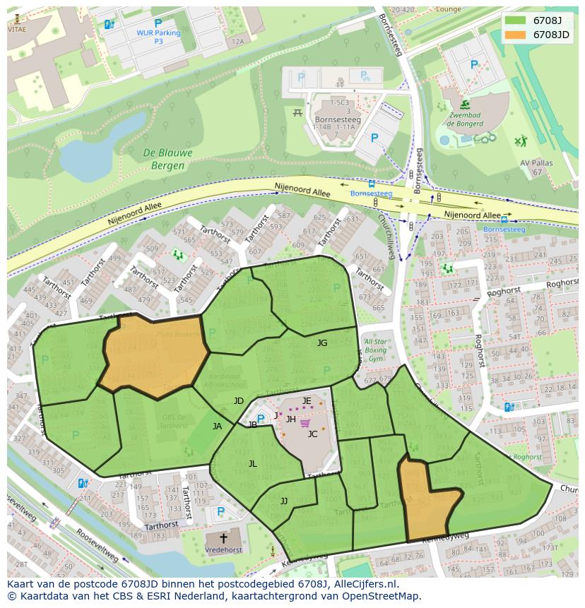 Afbeelding van het postcodegebied 6708 JD op de kaart.
