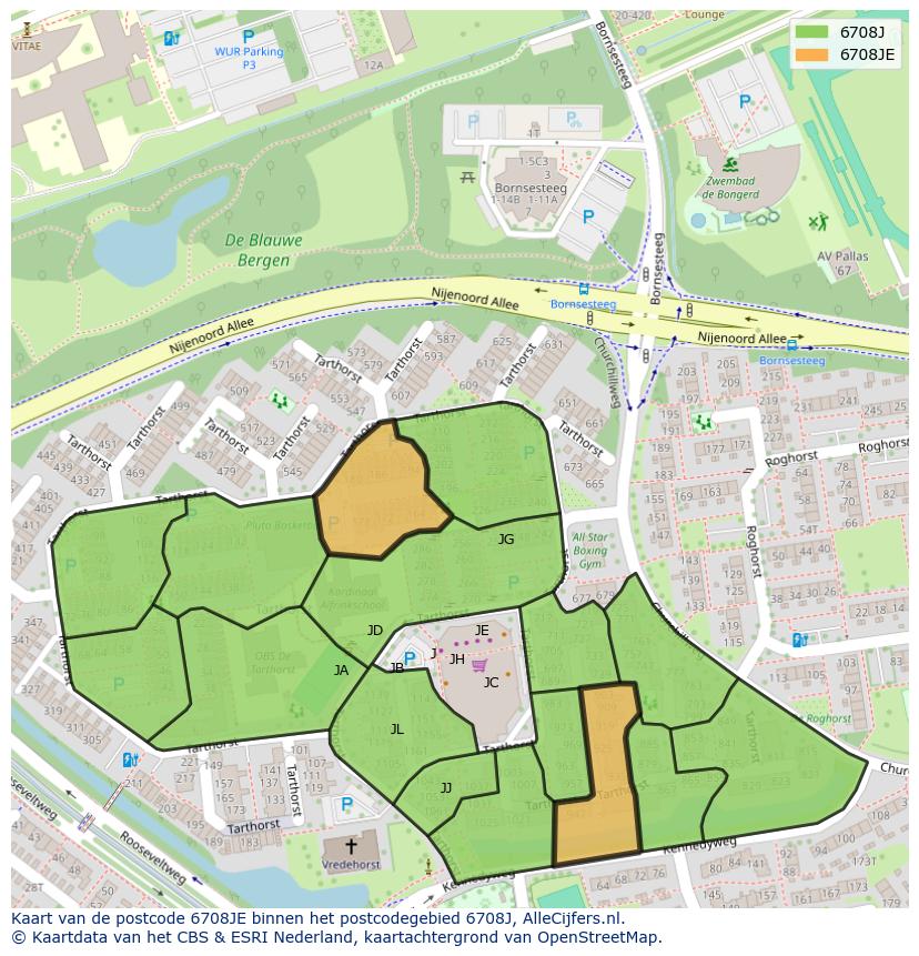 Afbeelding van het postcodegebied 6708 JE op de kaart.