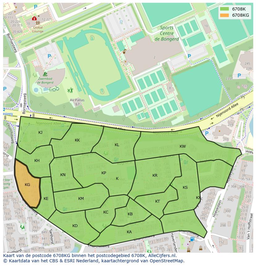 Afbeelding van het postcodegebied 6708 KG op de kaart.