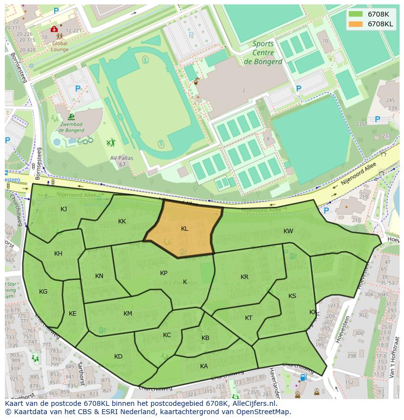 Afbeelding van het postcodegebied 6708 KL op de kaart.