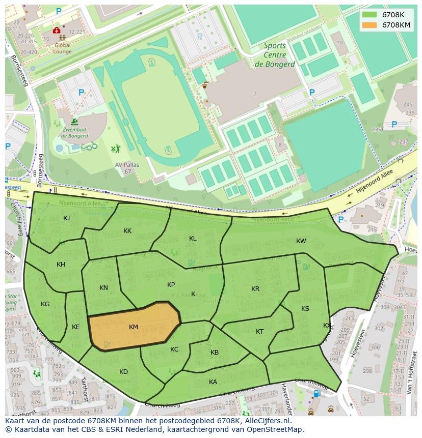 Afbeelding van het postcodegebied 6708 KM op de kaart.