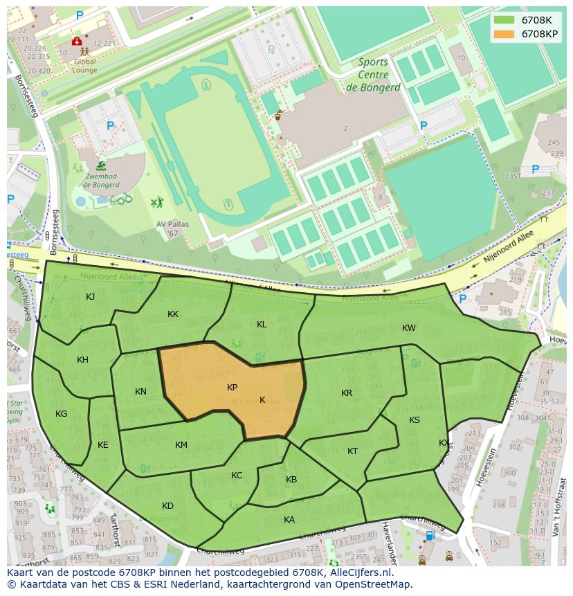 Afbeelding van het postcodegebied 6708 KP op de kaart.