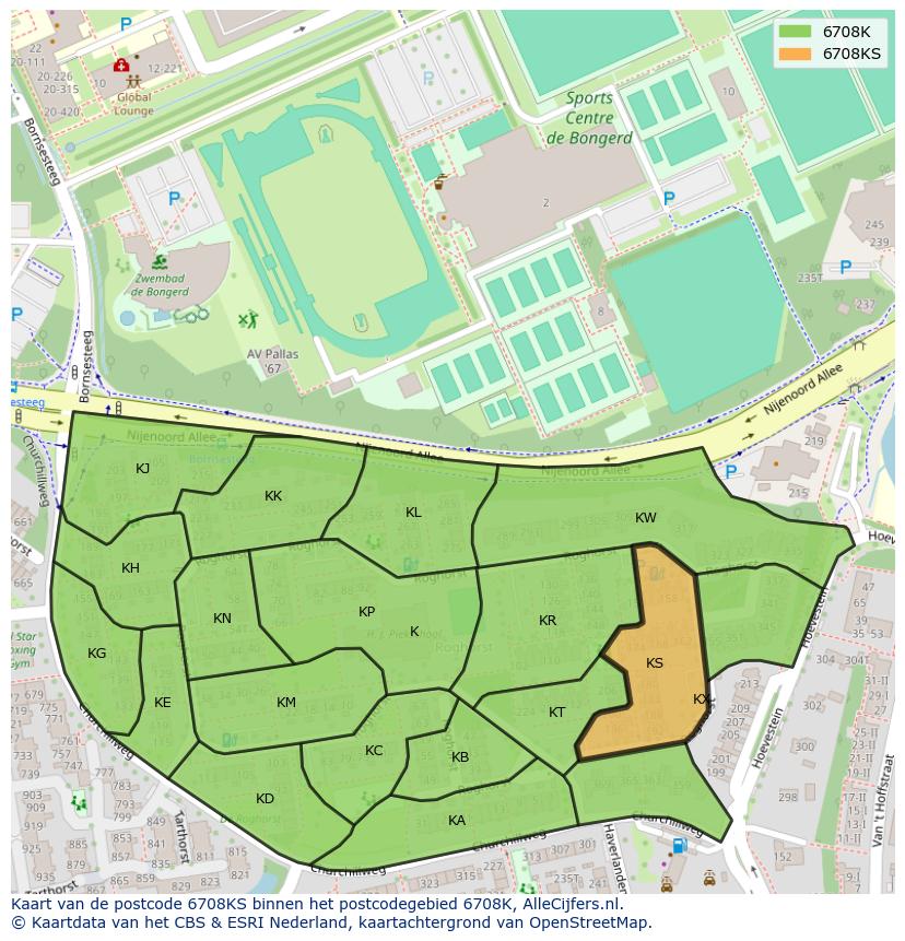 Afbeelding van het postcodegebied 6708 KS op de kaart.