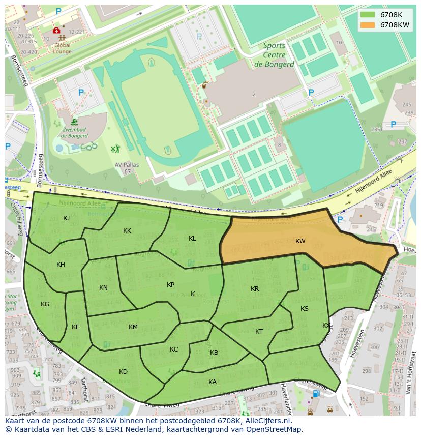 Afbeelding van het postcodegebied 6708 KW op de kaart.