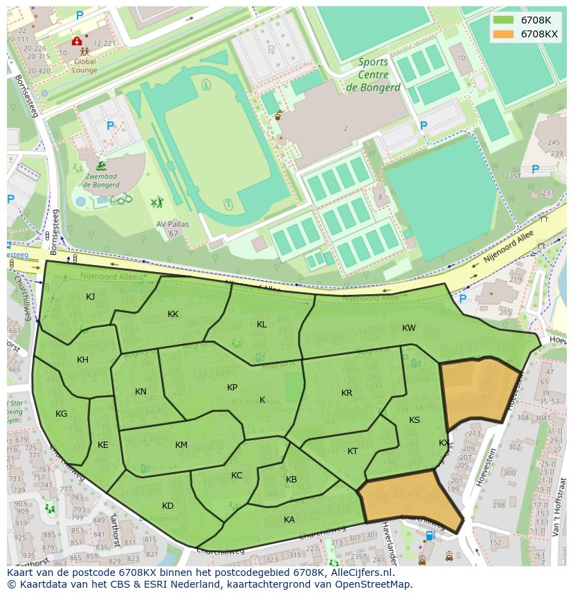 Afbeelding van het postcodegebied 6708 KX op de kaart.