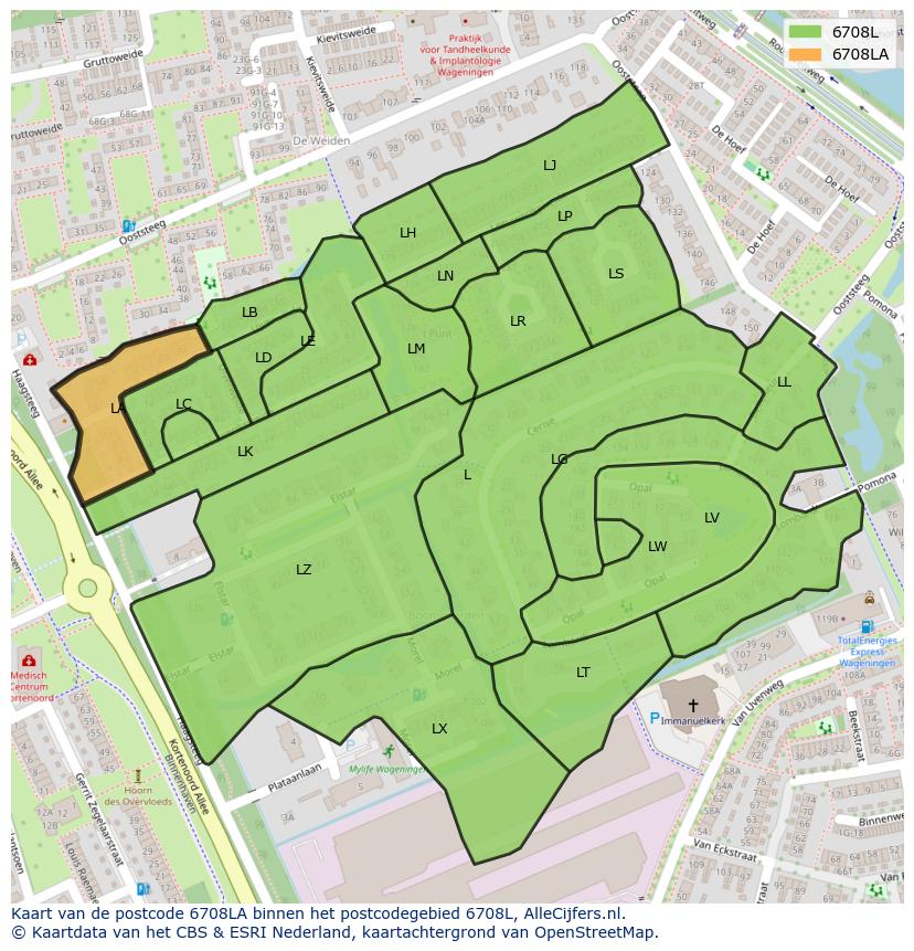 Afbeelding van het postcodegebied 6708 LA op de kaart.