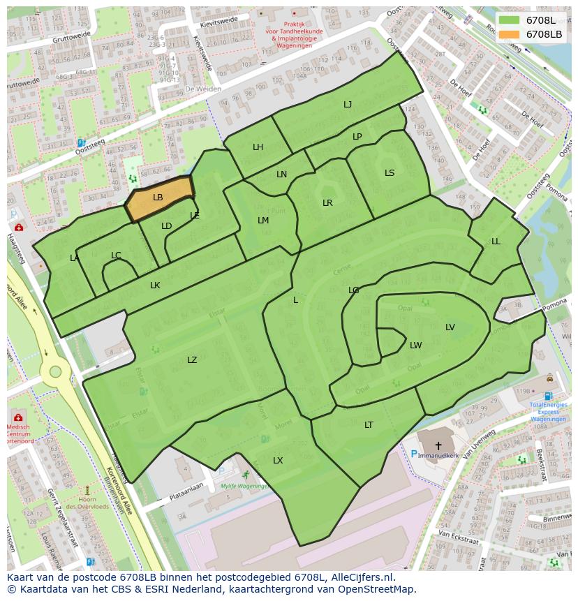 Afbeelding van het postcodegebied 6708 LB op de kaart.