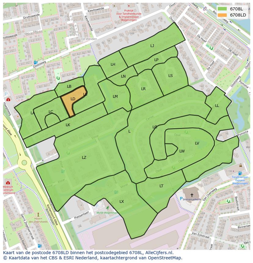 Afbeelding van het postcodegebied 6708 LD op de kaart.