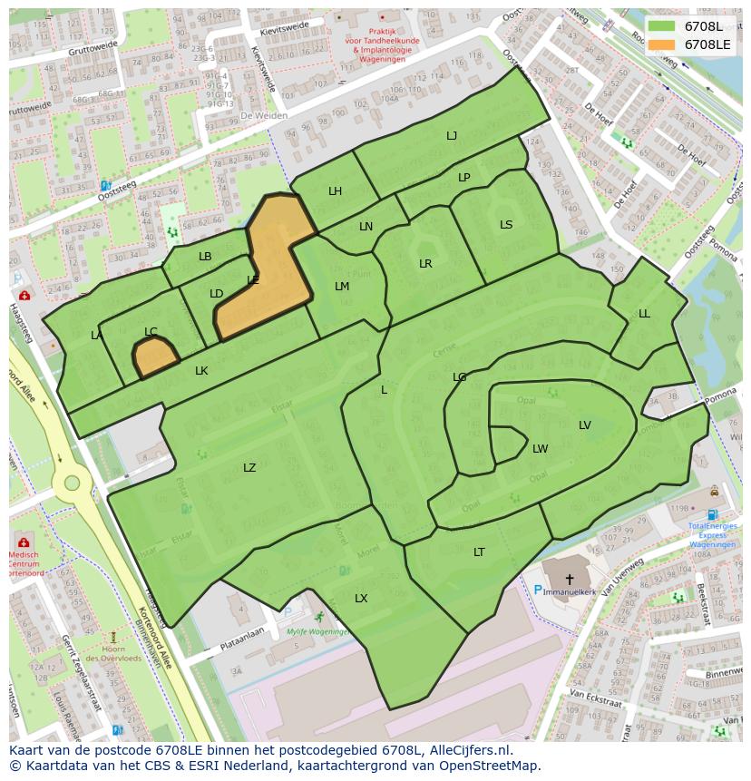 Afbeelding van het postcodegebied 6708 LE op de kaart.