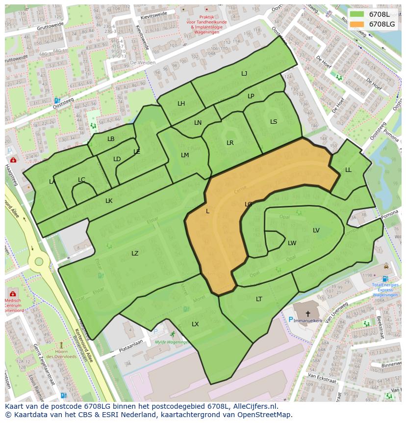 Afbeelding van het postcodegebied 6708 LG op de kaart.