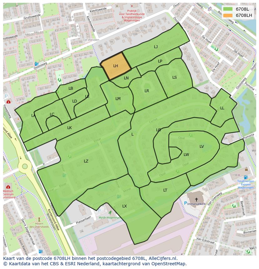 Afbeelding van het postcodegebied 6708 LH op de kaart.