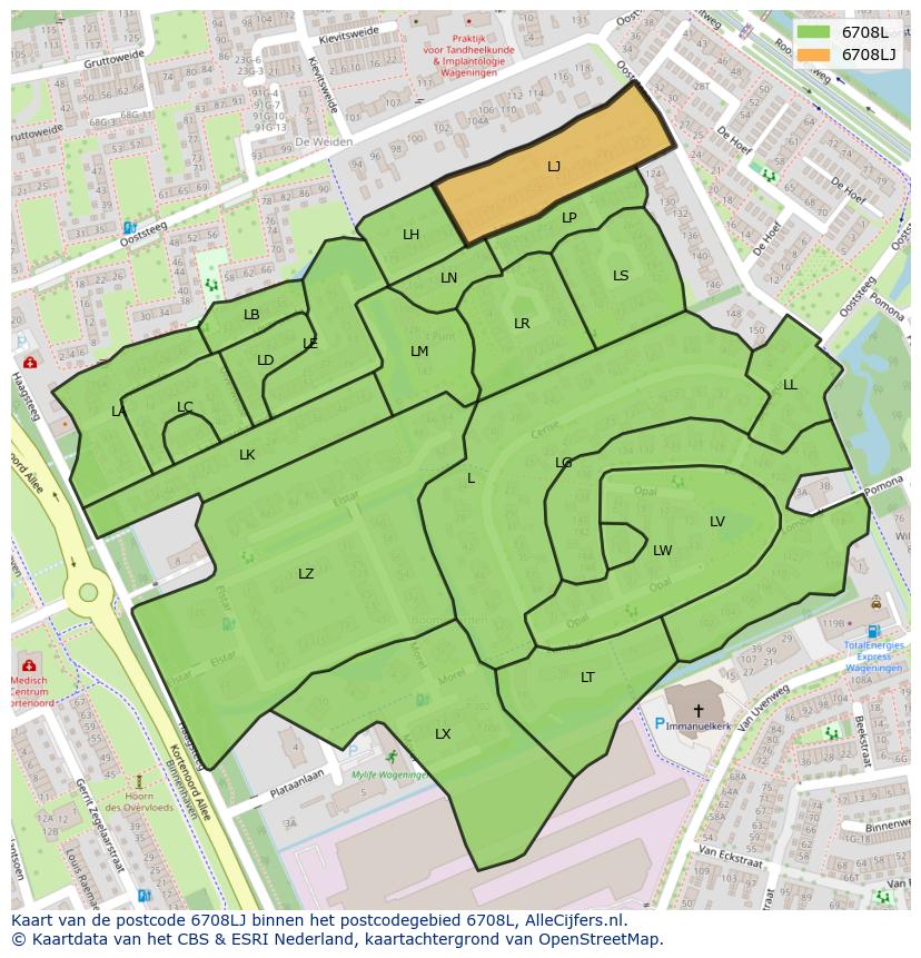Afbeelding van het postcodegebied 6708 LJ op de kaart.
