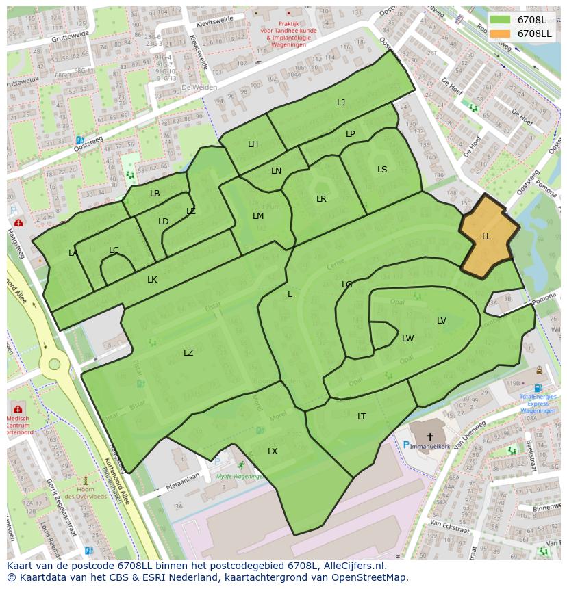 Afbeelding van het postcodegebied 6708 LL op de kaart.
