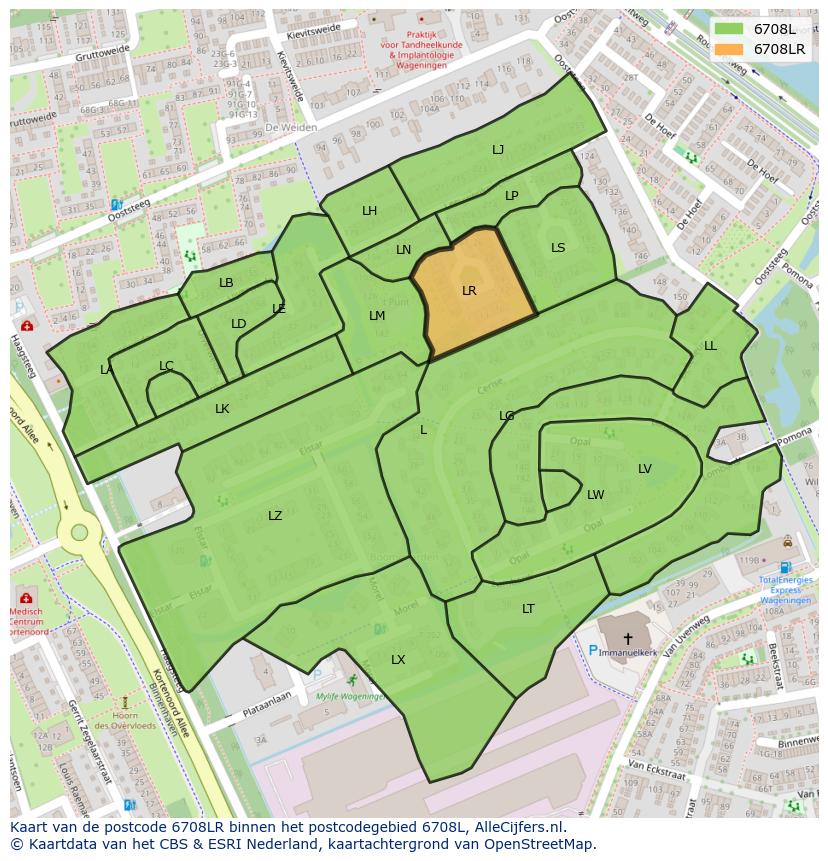 Afbeelding van het postcodegebied 6708 LR op de kaart.
