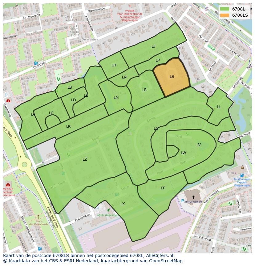 Afbeelding van het postcodegebied 6708 LS op de kaart.