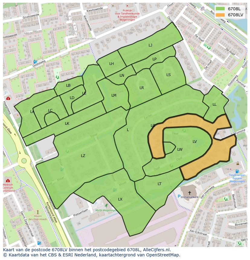 Afbeelding van het postcodegebied 6708 LV op de kaart.