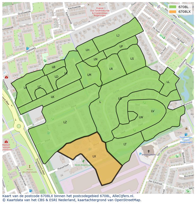 Afbeelding van het postcodegebied 6708 LX op de kaart.