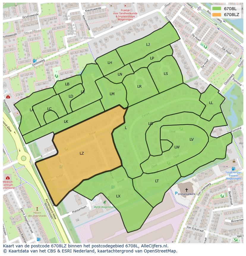 Afbeelding van het postcodegebied 6708 LZ op de kaart.