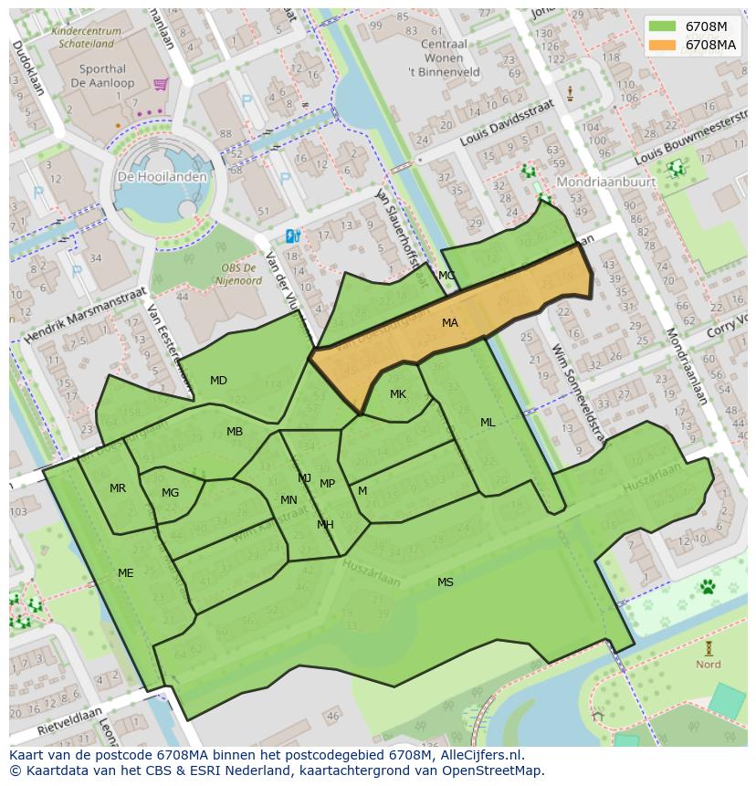 Afbeelding van het postcodegebied 6708 MA op de kaart.