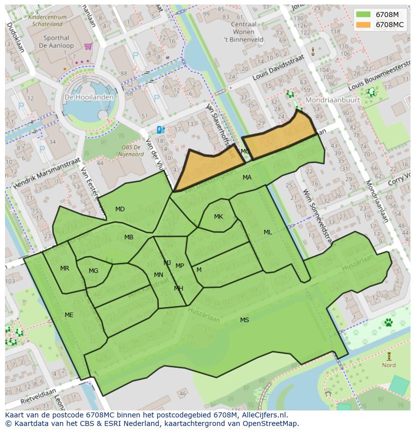 Afbeelding van het postcodegebied 6708 MC op de kaart.