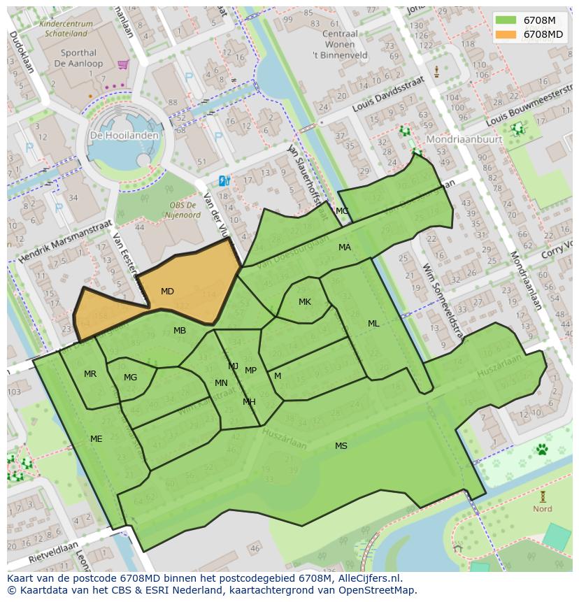 Afbeelding van het postcodegebied 6708 MD op de kaart.