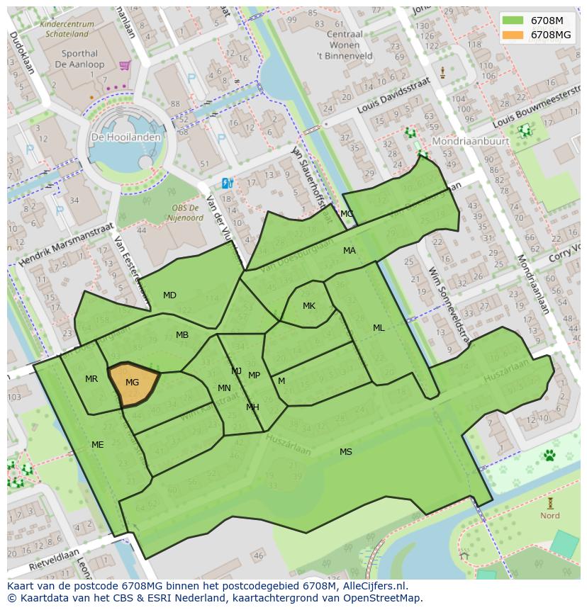 Afbeelding van het postcodegebied 6708 MG op de kaart.