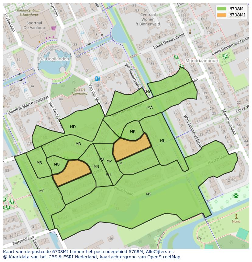 Afbeelding van het postcodegebied 6708 MJ op de kaart.