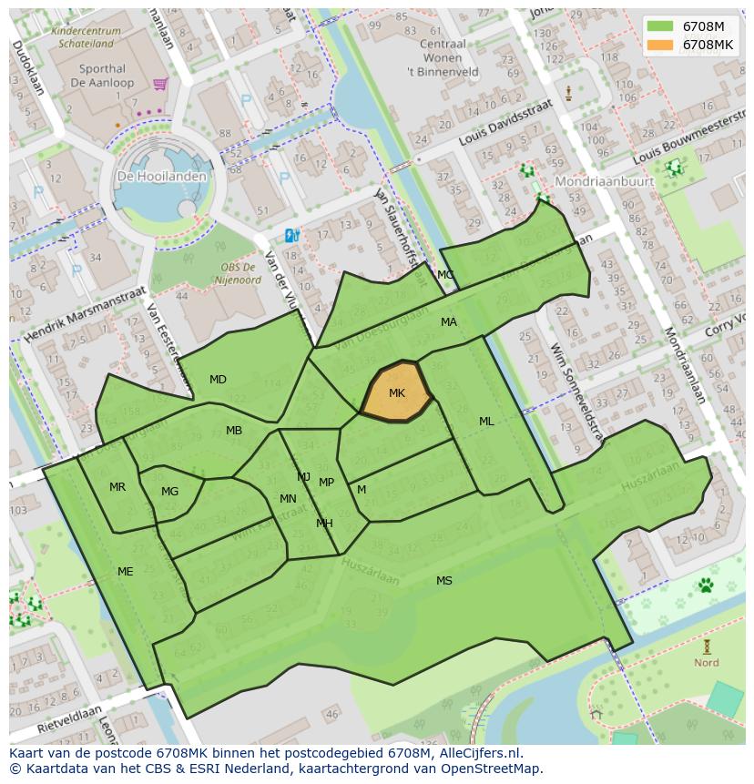 Afbeelding van het postcodegebied 6708 MK op de kaart.