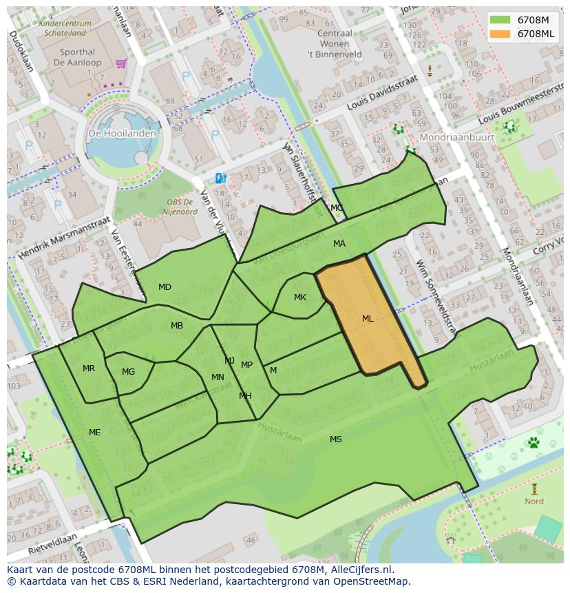 Afbeelding van het postcodegebied 6708 ML op de kaart.