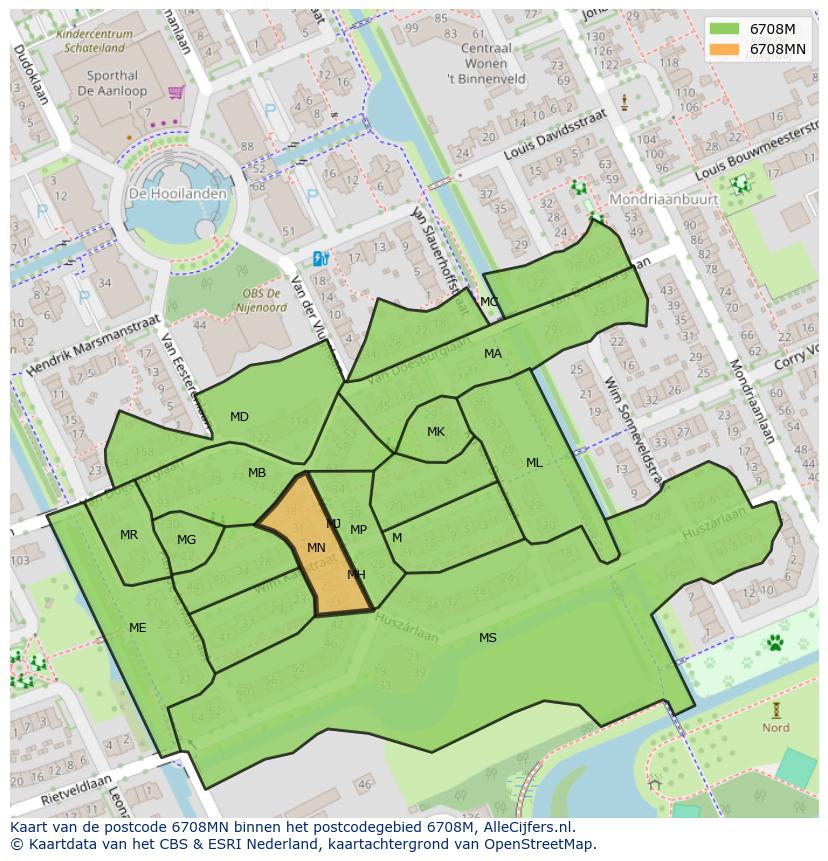 Afbeelding van het postcodegebied 6708 MN op de kaart.