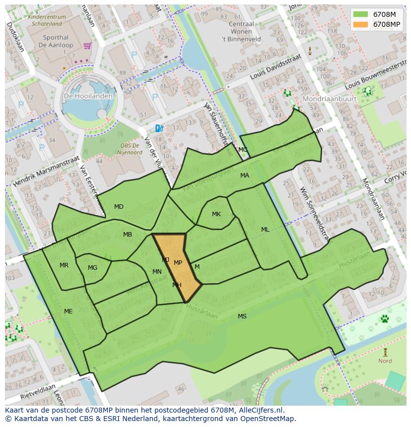 Afbeelding van het postcodegebied 6708 MP op de kaart.