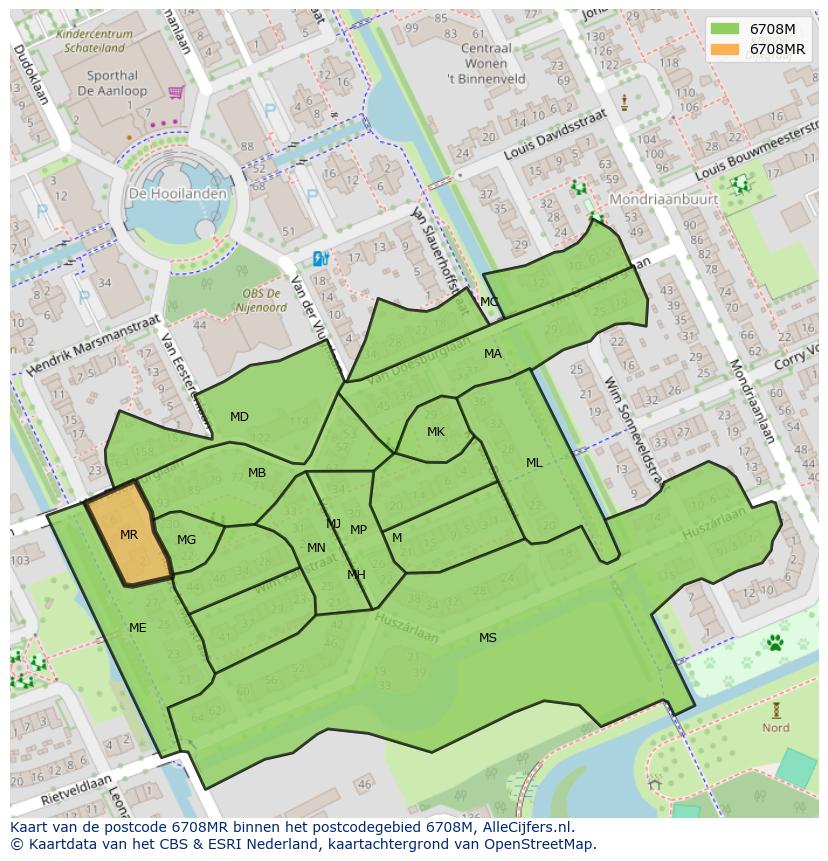 Afbeelding van het postcodegebied 6708 MR op de kaart.