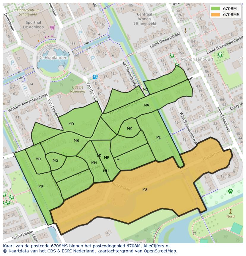 Afbeelding van het postcodegebied 6708 MS op de kaart.