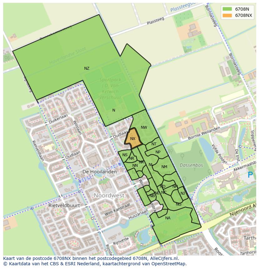 Afbeelding van het postcodegebied 6708 NX op de kaart.