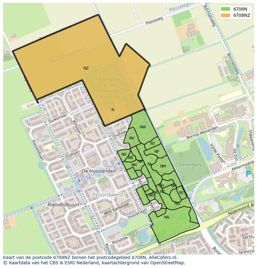 Afbeelding van het postcodegebied 6708 NZ op de kaart.