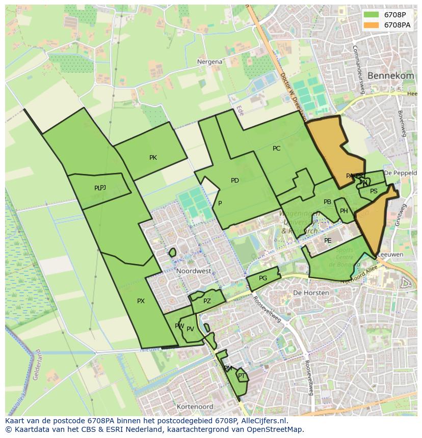 Afbeelding van het postcodegebied 6708 PA op de kaart.