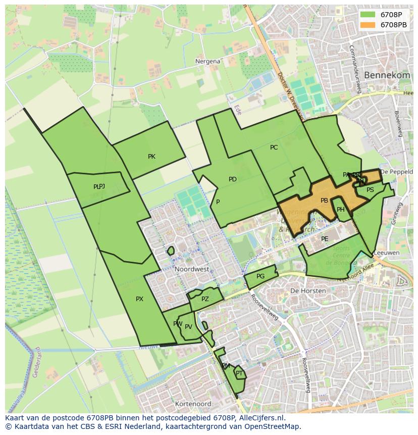 Afbeelding van het postcodegebied 6708 PB op de kaart.