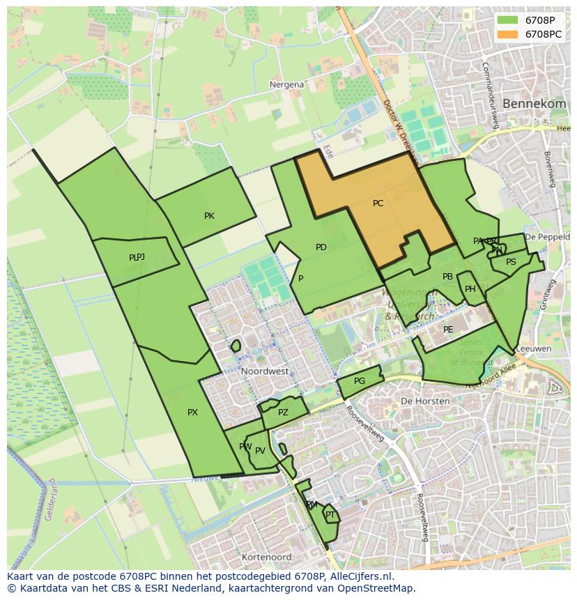 Afbeelding van het postcodegebied 6708 PC op de kaart.