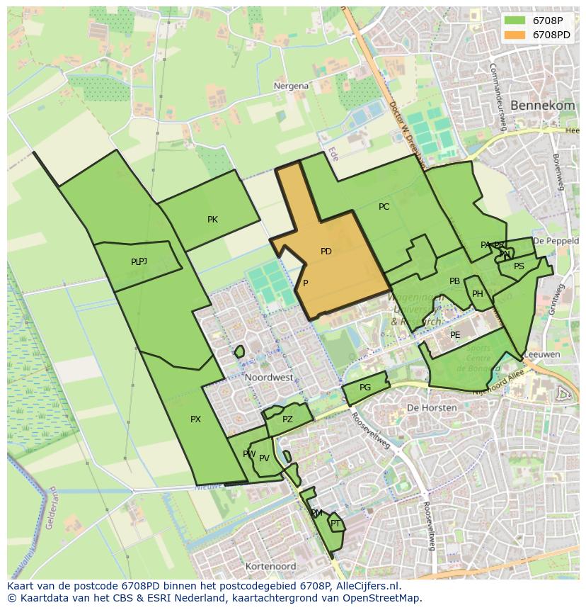 Afbeelding van het postcodegebied 6708 PD op de kaart.