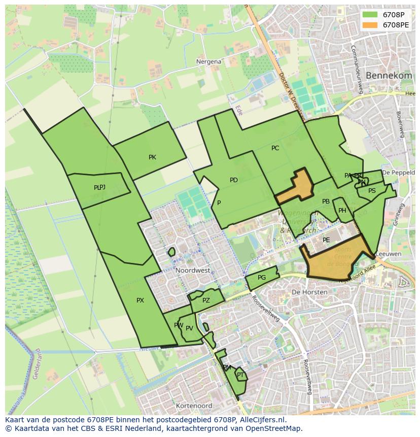 Afbeelding van het postcodegebied 6708 PE op de kaart.